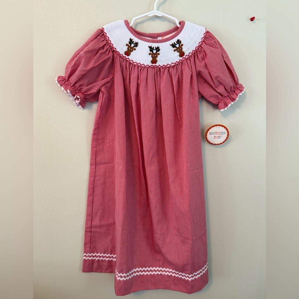 Southern Tots Smocked Christmas Reindeer Red Gingham Dress